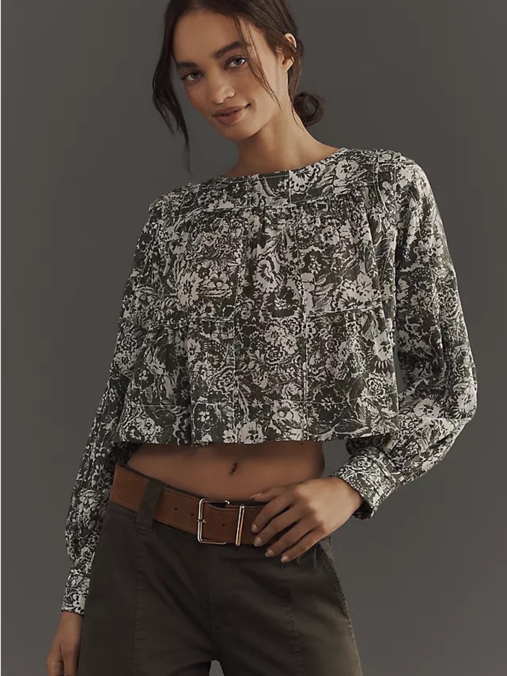 Anthropologie Olive and White Floral Peasant Top
